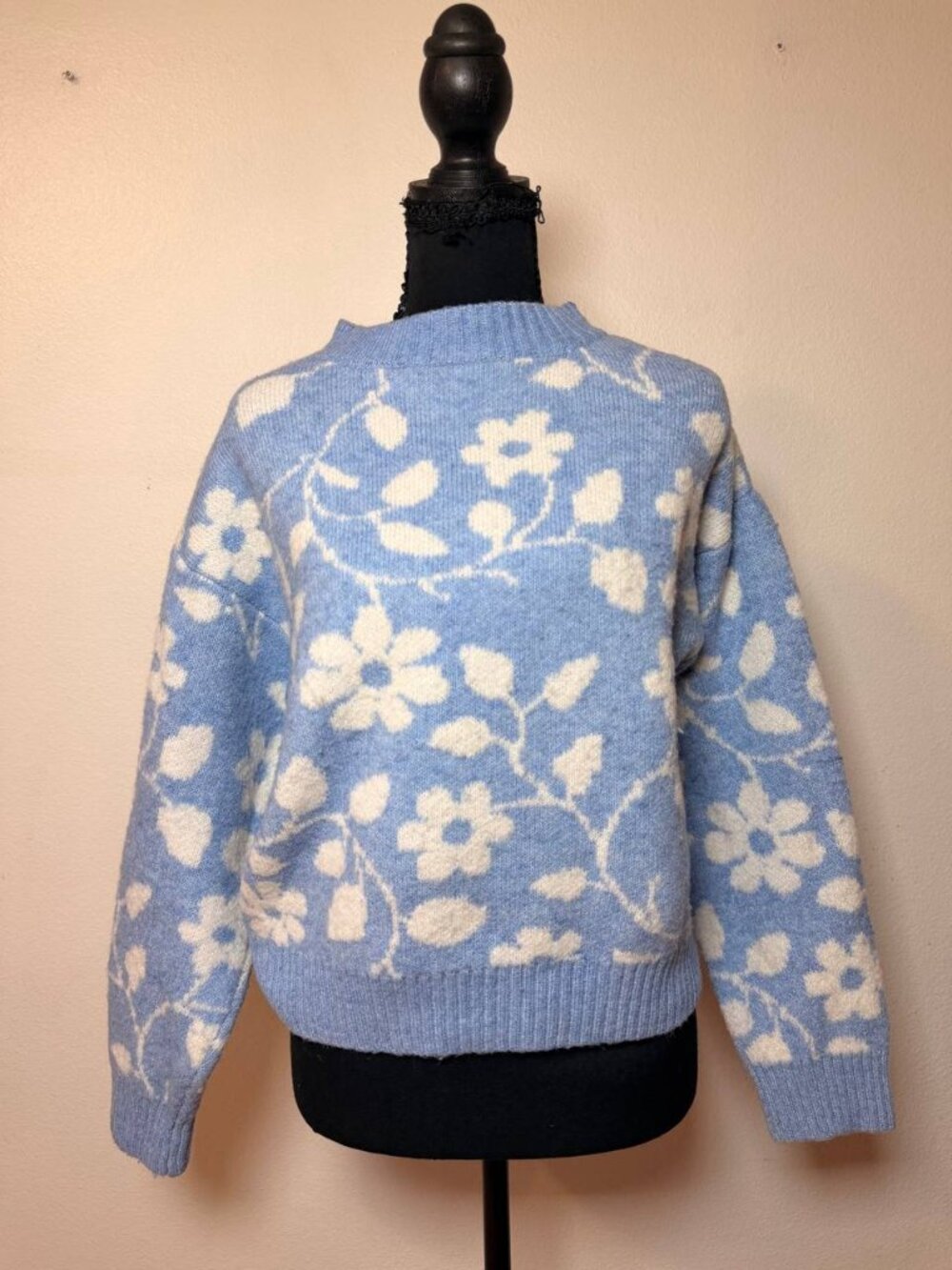 Francesca's Blue Floral Mock Neck Sweater Cottagecore Style Cozy Knit M